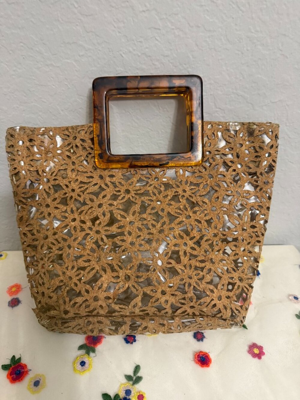 Boho Clear Cutout Floral Tote Bag with Tortoise Shell Handles